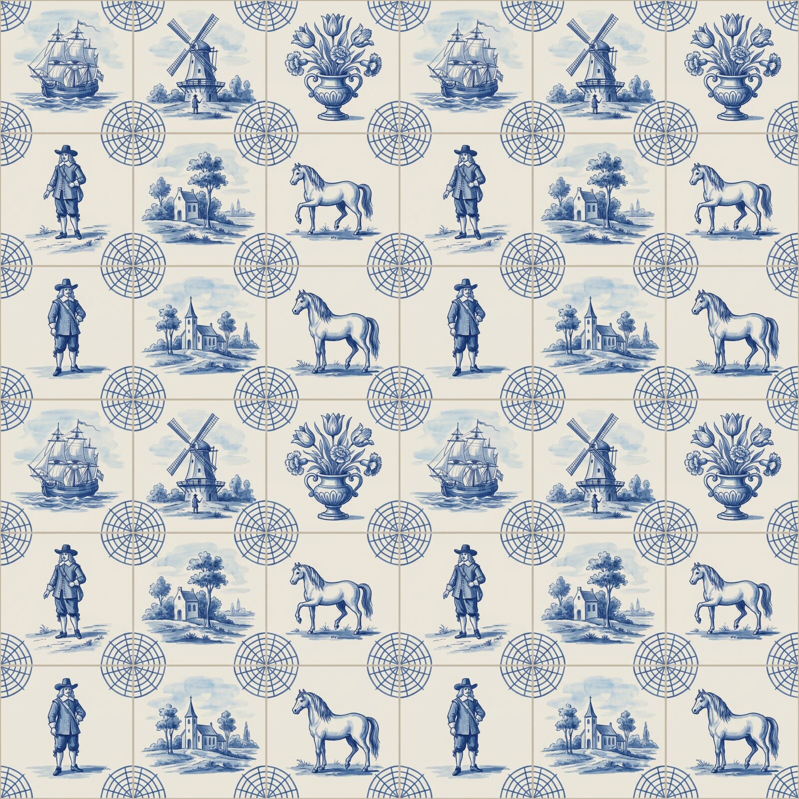 Charming narrative Delft-style tile mural in cobalt blue and tin white. Made to order.