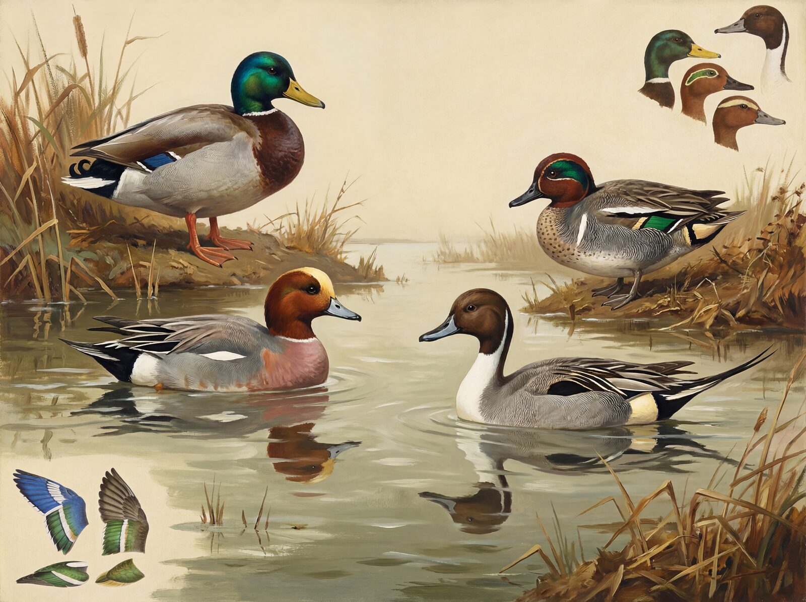 Four magnificent drakes in full breeding plumage. Aged Vellum, Mallard Green, Mallard Chestnut, Teal Patch, Teal Head, Wigeon Cream, Wigeon Chestnut, Pintail Brown. Made to order.