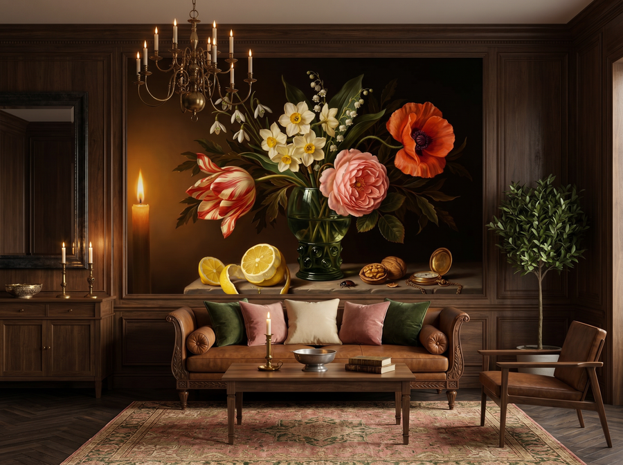Dutch Night scenic wallpaper mural on the feature wall of a dark-academia study, in a moody black-and-charcoal palette — The Wall Shawl.