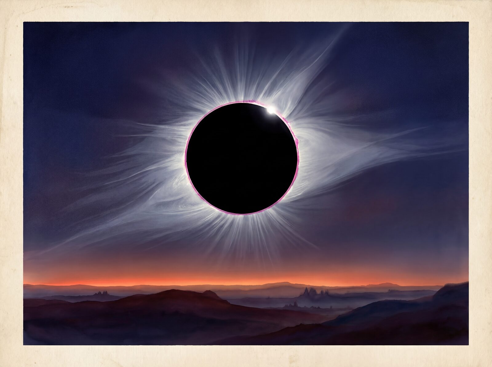 Immersive scenic mural with Eclipse Sky, Moon Black, and Corona Pearl. Made to order.