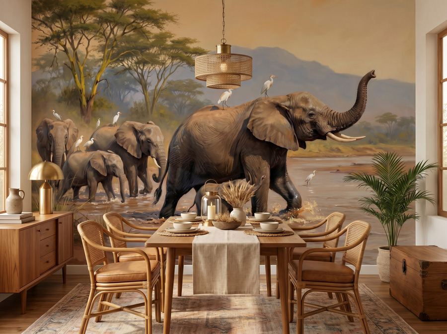 Elephant Parade scenic wallpaper mural on the feature wall of an English-country entrance hall, in a soft grey palette — The Wall Shawl.