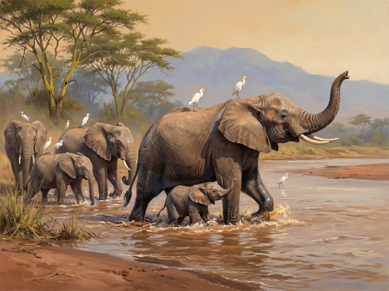 Scenic mural wallpaper featuring elephants crossing a river, with a palette of grey-brown, dark charcoal, and warm yellow-cream. Made to order.