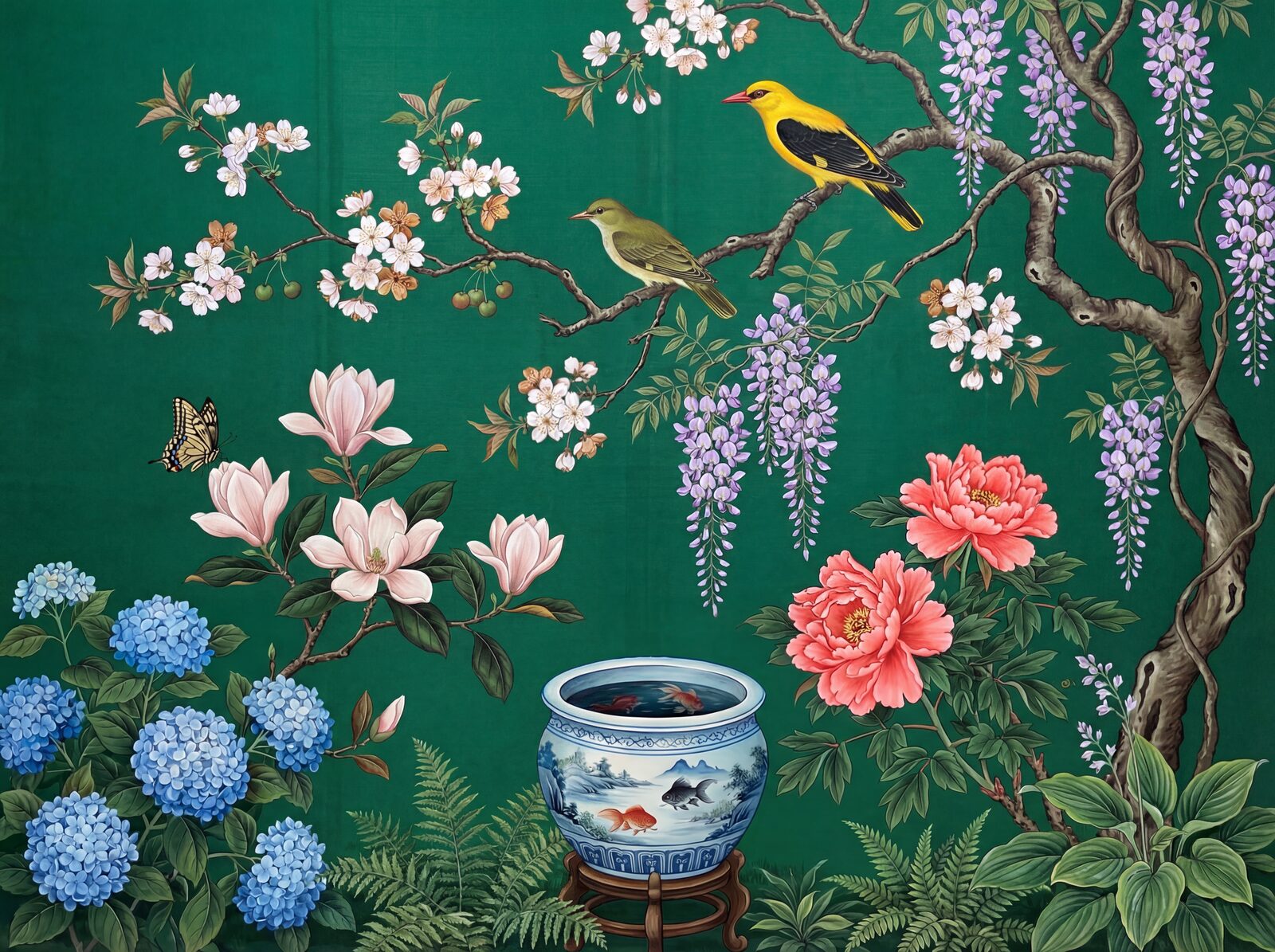 Luxury scenic mural wallpaper featuring emerald, gold, and floral hues. Made to order.