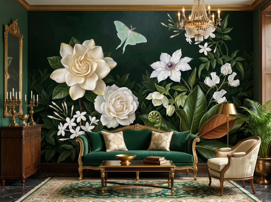 Emerald Depths scenic wallpaper mural on the feature wall of a dark-academia dining room, in a moody black-and-charcoal palette — The Wall Shawl.
