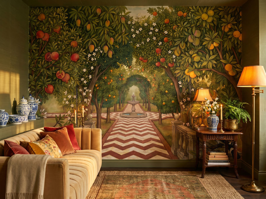 Emperor's Garden Walk scenic wallpaper mural on the feature wall of a chinoiserie living room, in a moody black-and-charcoal palette — The Wall Shawl.
