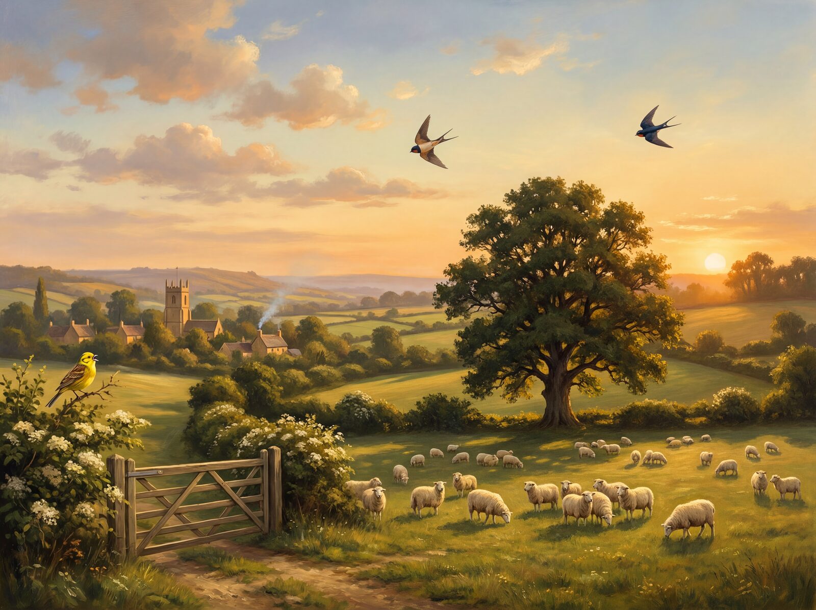 Scenic mural wallpaper in Honey Gold, Cotswold Stone, and Pasture Green. Made to order.
