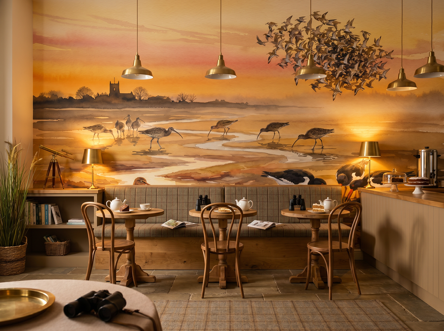 Estuary Birds scenic wallpaper mural on the feature wall of an English-country study, in a soft grey palette — The Wall Shawl.