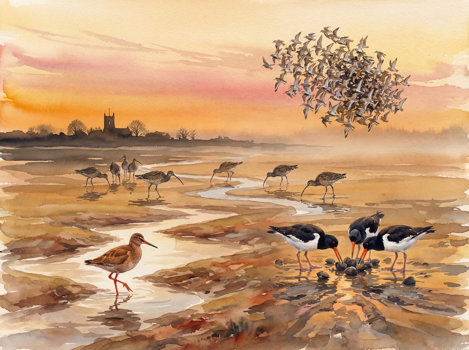 Scenic mural wallpaper featuring estuary birds in Golden Mud, Creek Silver, and Sunset Amber hues. Made to order.