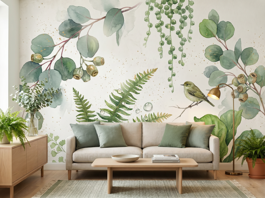 Conservatory Botanicals scenic wallpaper mural on the feature wall of a biophilic kitchen, in a verdant green palette — The Wall Shawl.