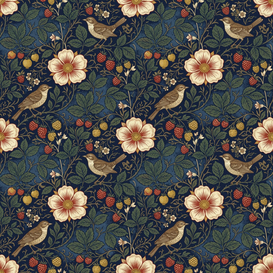 Immerse yourself in the hedgerow-rich Evenlode mural. Deep indigo, greens, and reds evoke a vibrant ecosystem. Made to order.