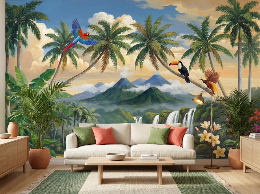 Exotic Voyage scenic wallpaper mural on the feature wall of a tropical living room, in a moody black-and-charcoal palette — The Wall Shawl.
