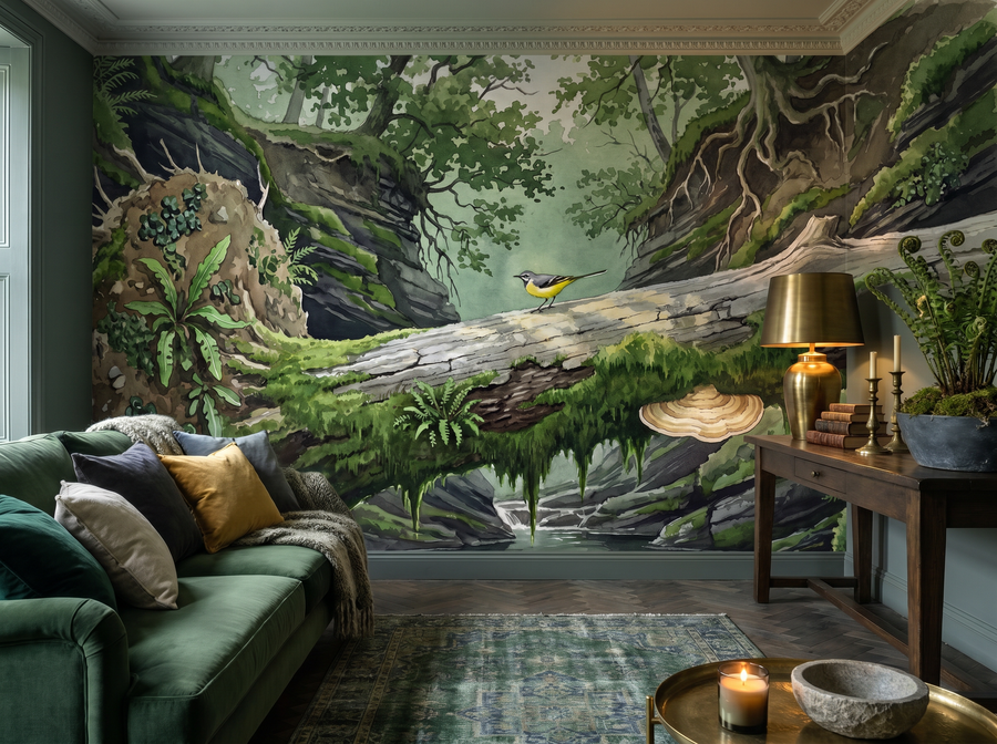 Fallen Tree Bridge scenic wallpaper mural on the feature wall of a biophilic study, in a soft grey palette — The Wall Shawl.