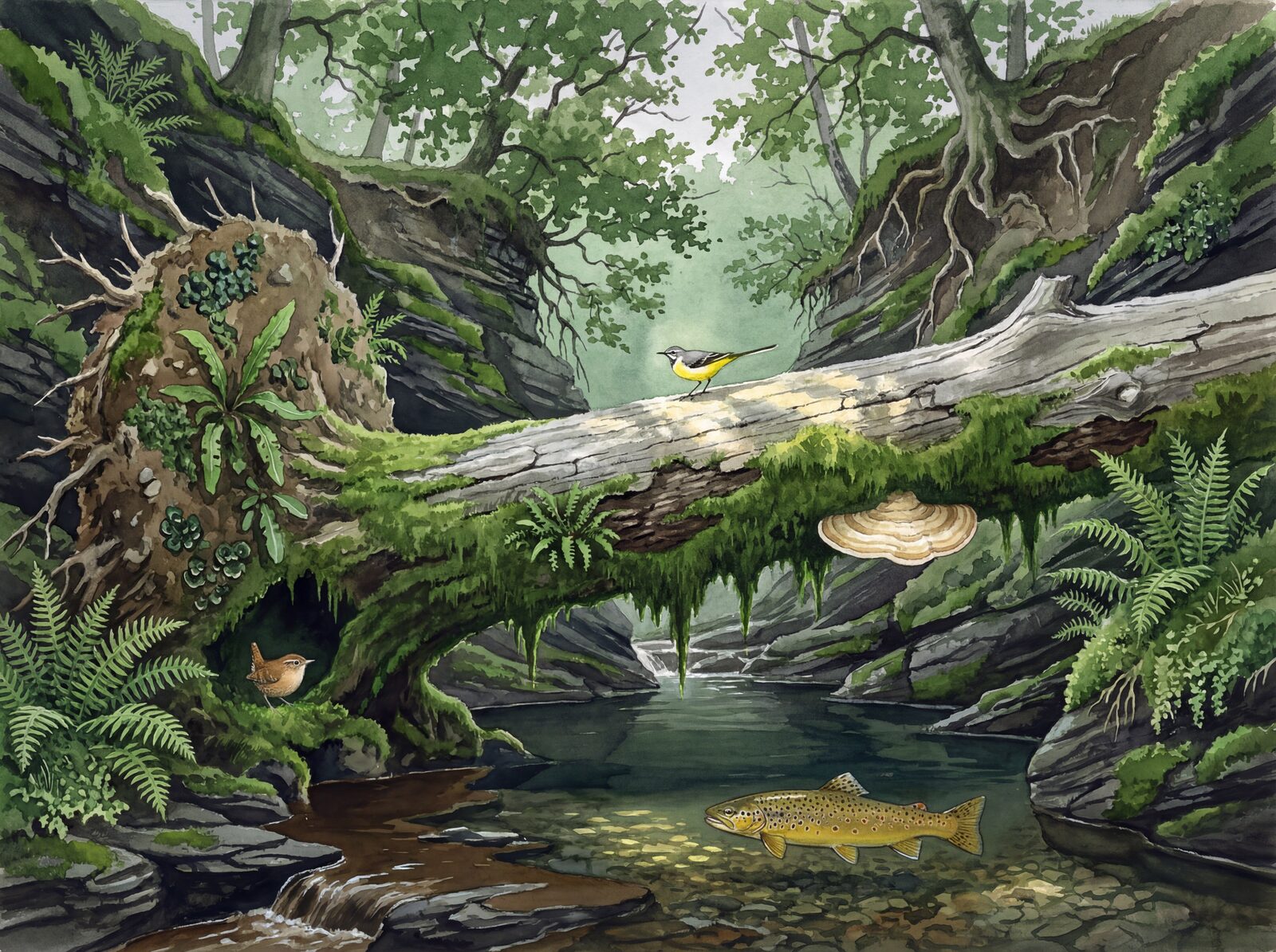 Scenic mural wallpaper featuring a fallen tree in a woodland ravine with Moss Emerald, Weathered Wood, and Fern Green tones. Made to order.