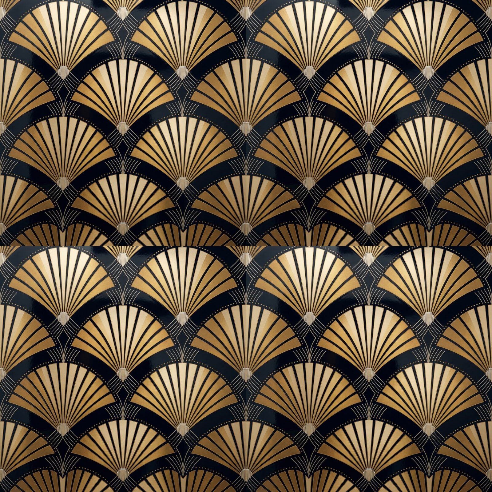 Discover Fan Array, a luxurious Art Deco pattern wallpaper in midnight lacquer and burnished gold. Made to order.