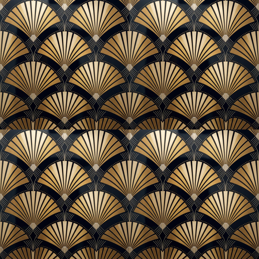 Discover Fan Array, a luxurious Art Deco pattern wallpaper in midnight lacquer and burnished gold. Made to order.