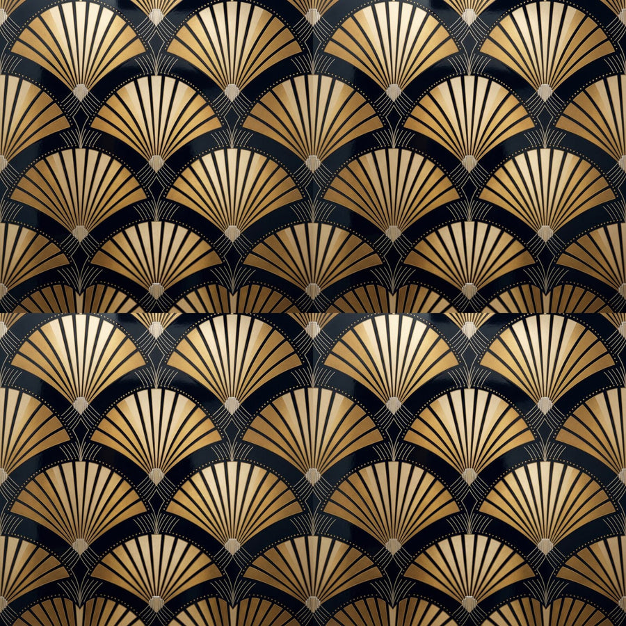 Discover Fan Array, a luxurious Art Deco pattern wallpaper in midnight lacquer and burnished gold. Made to order.