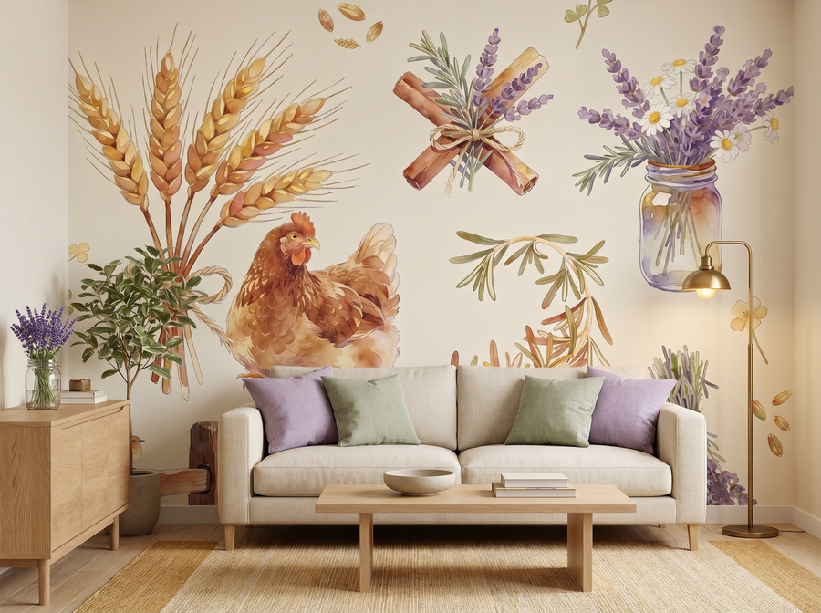 The Farmhouse Scatter scenic wallpaper mural on the feature wall of a cottagecore kitchen, in a soft grey palette — The Wall Shawl.