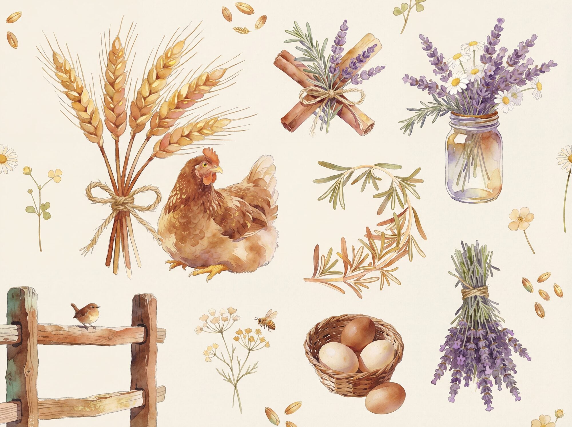 Farmhouse rustic wallpaper mural with watercolour illustration scatter of golden wheat sheaf, farmhouse hen, lavender bundle, mason jar bouquet, wooden fence with songbird, egg basket and honeybee on warm linen-cream ground