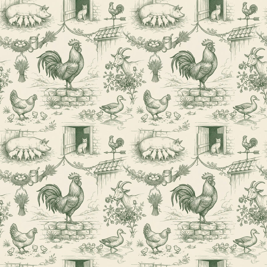 Lively French farmyard toile mural wallpaper in French Cream and Sage tones. Made to order.