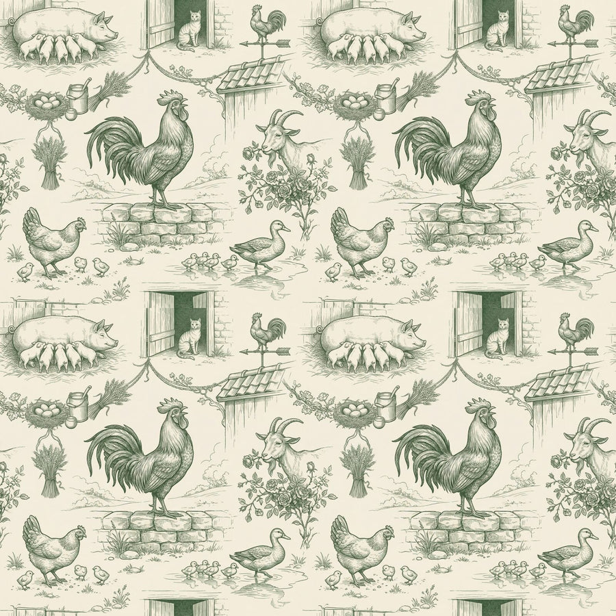 Lively French farmyard toile mural wallpaper in French Cream and Sage tones. Made to order.