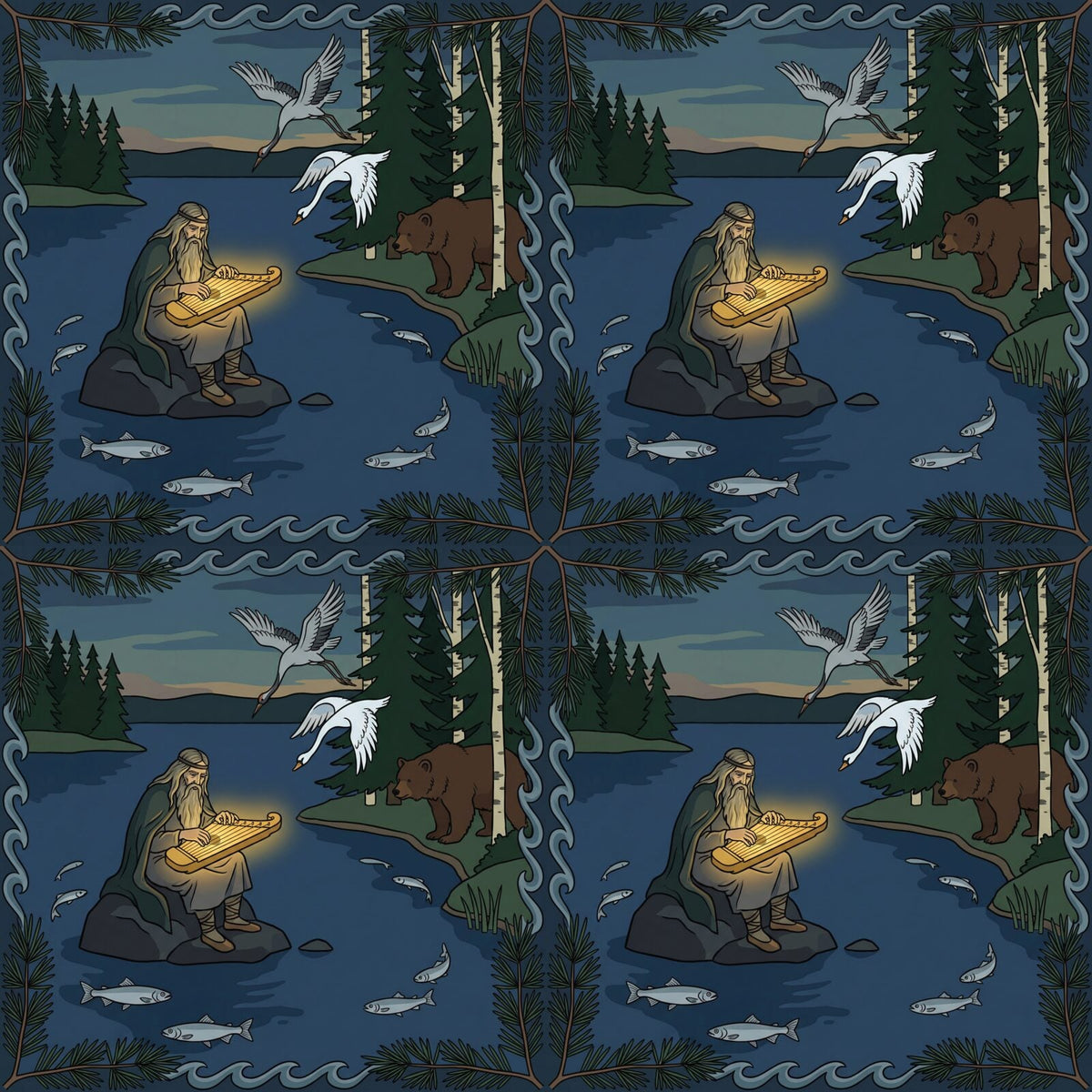 Step into the mythic Finnish taiga. Dark greens, blues, and golden accents. Made to order.