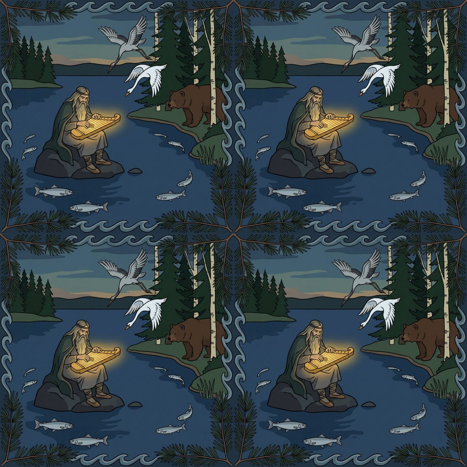 Step into the mythic Finnish taiga. Dark greens, blues, and golden accents. Made to order.