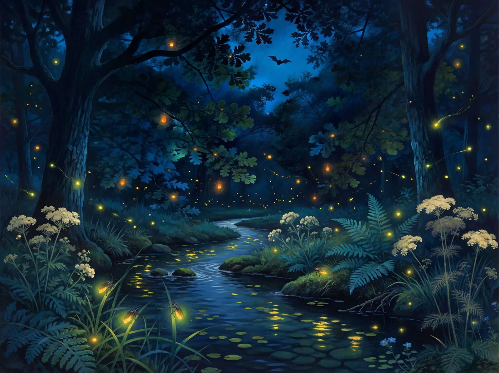 Experience the wonder of a woodland stream at twilight, aglow with hundreds of bioluminescent fireflies. Palette of golds, greens, and deep blues. Made to order.
