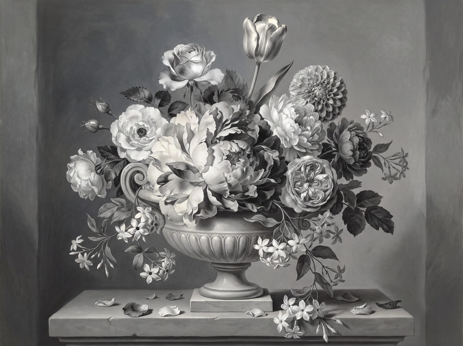 A grand floral arrangement in grey tones, rendered with sculptural detail. Petal White, Bloom Silver, Leaf Grey. Made to order.