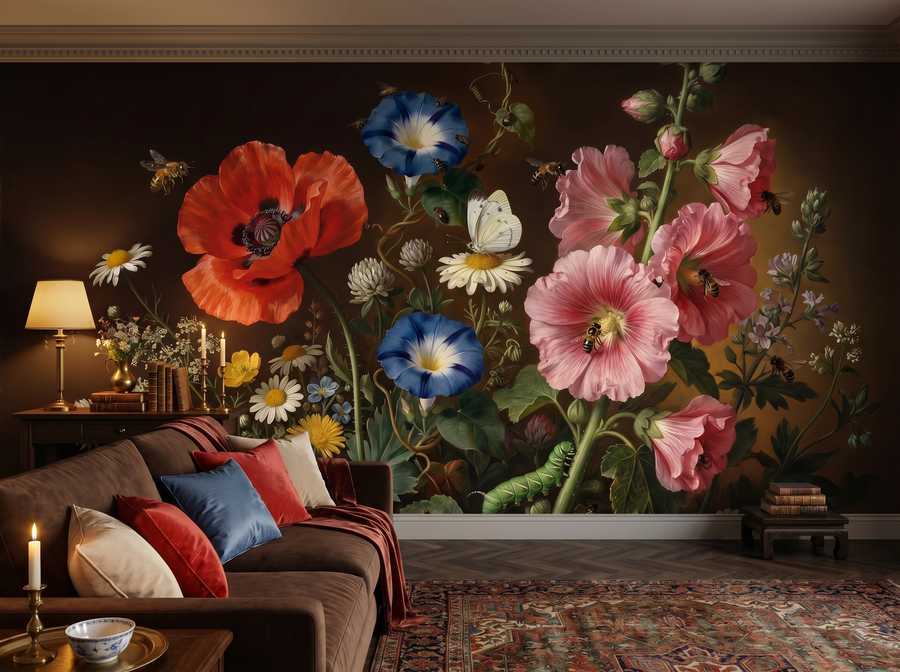 Flower Piece with Insects scenic wallpaper mural on the feature wall of a grandmillennial living room, in a moody black-and-charcoal palette — The Wall Shawl.