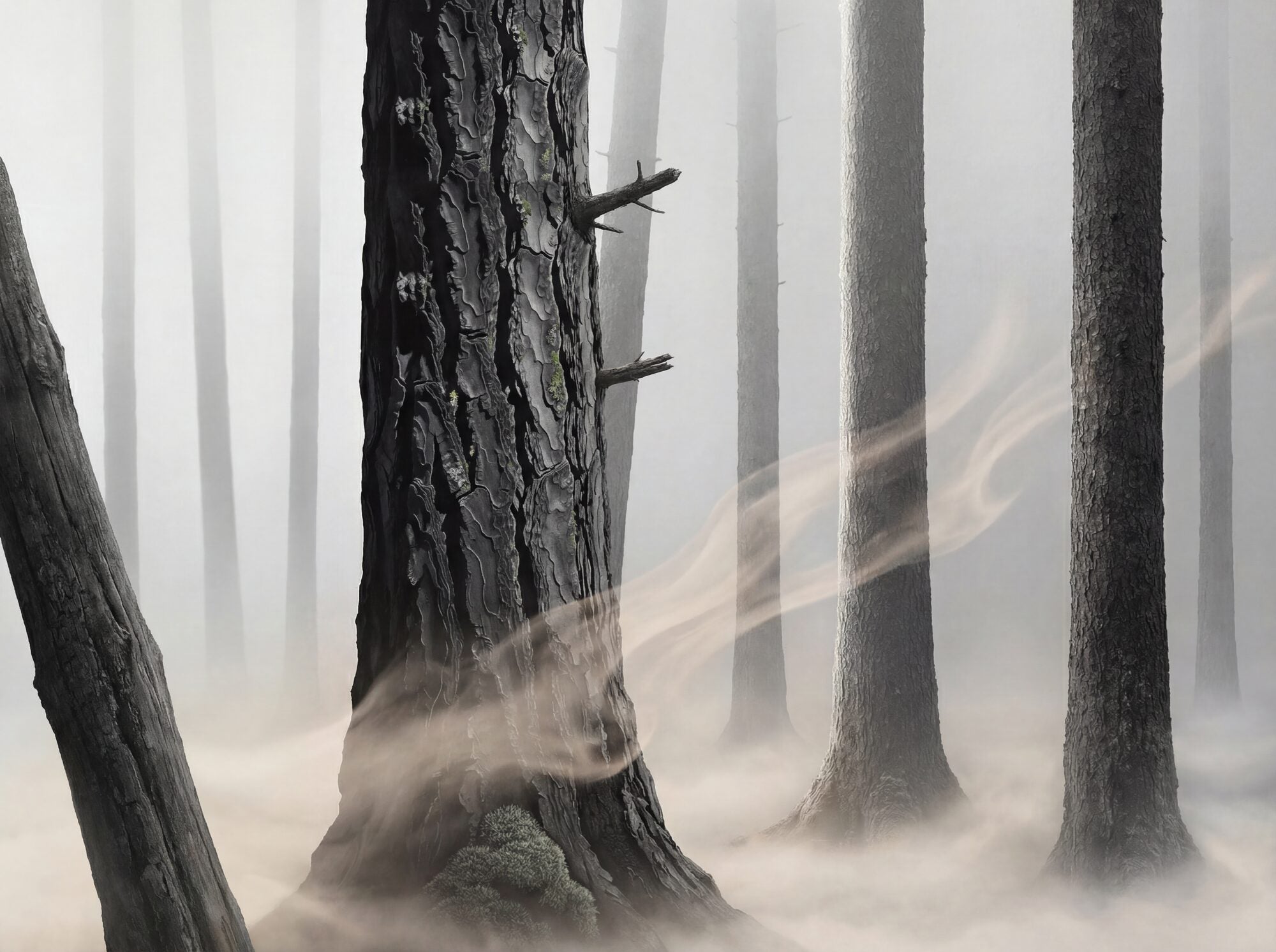 Near-monochrome atmospheric mural of near-black pine trunks emerging from pale warm-grey fog, fog wisps curling at the base of the hero trunk, a single grey-green moss patch the only colour