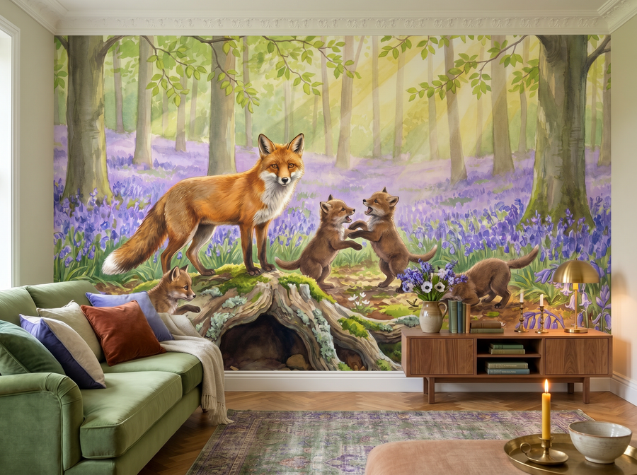 Fox and Cubs scenic wallpaper mural on the feature wall of an English-country bedroom, in a soft grey palette — The Wall Shawl.