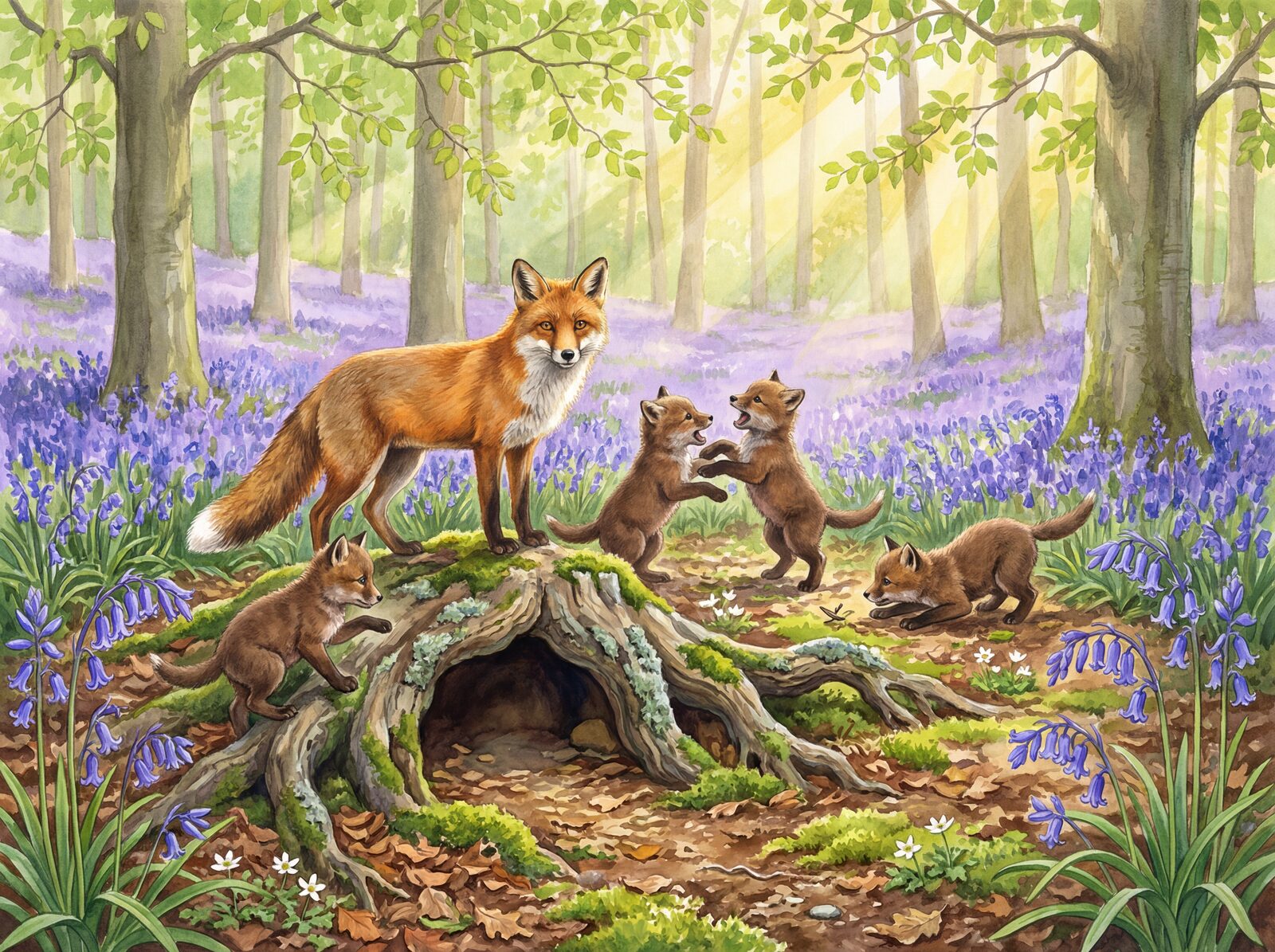 Vibrant fox family scene with Fox Russet, Cub Brown, and Bluebell Violet tones. Made to order.
