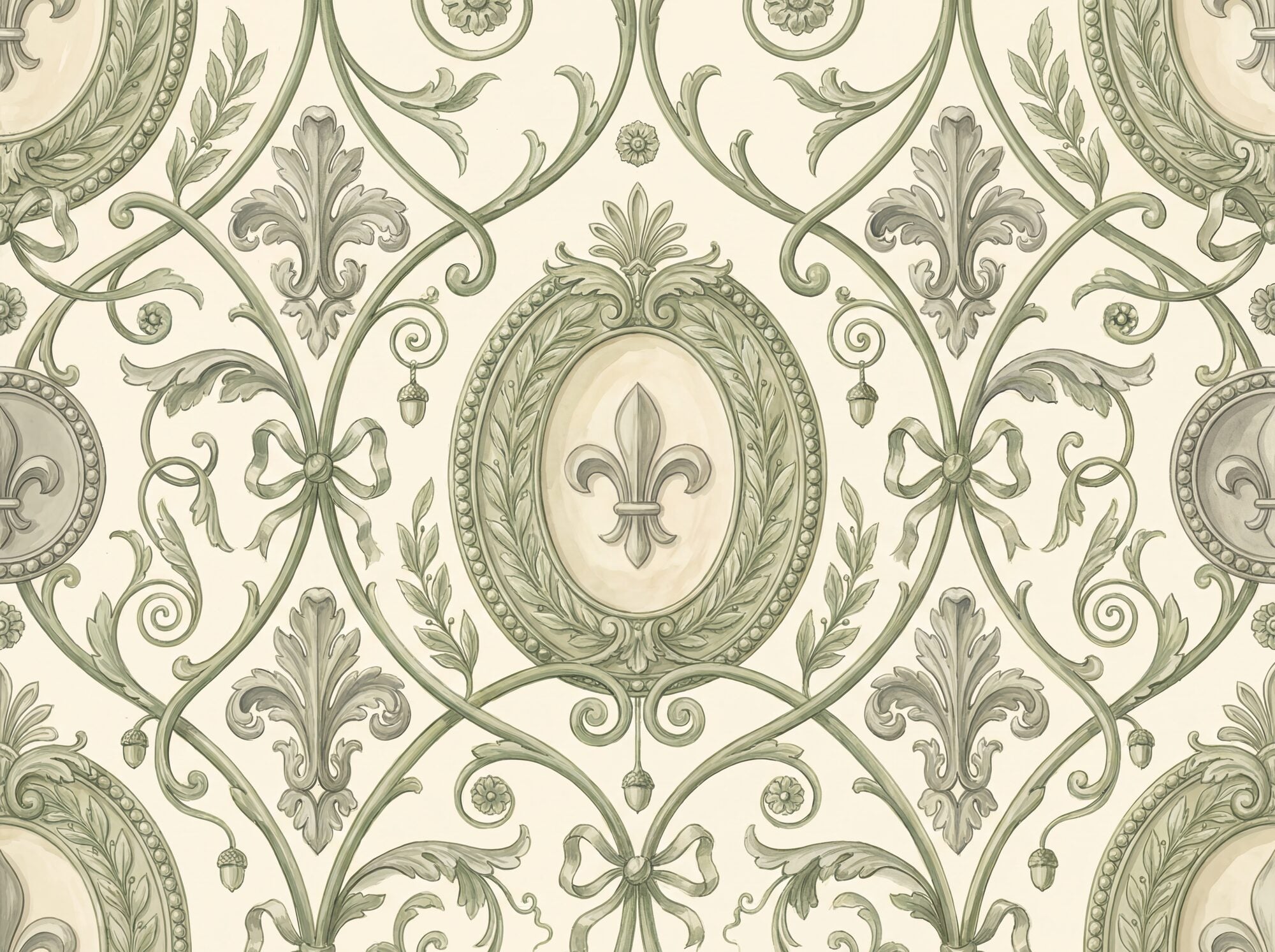 French country damask mural wallpaper with neoclassical oval medallions containing fleur-de-lis, acanthus scrollwork vines, ribbon bows and bead-and-reel borders in sage green and stone grey on a warm aged cream ground