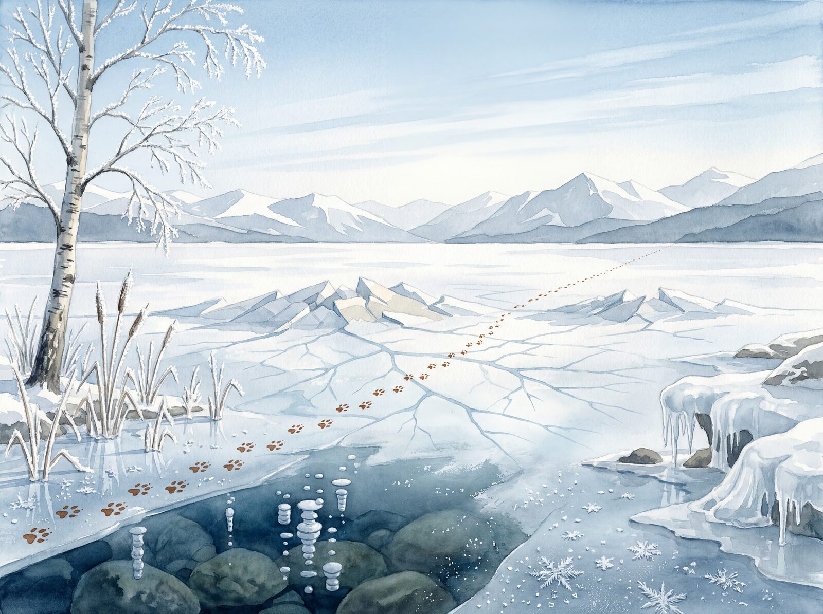 Scenic mural wallpaper in Winter Bone, Ice Blue, and Crystal White. Made to order.