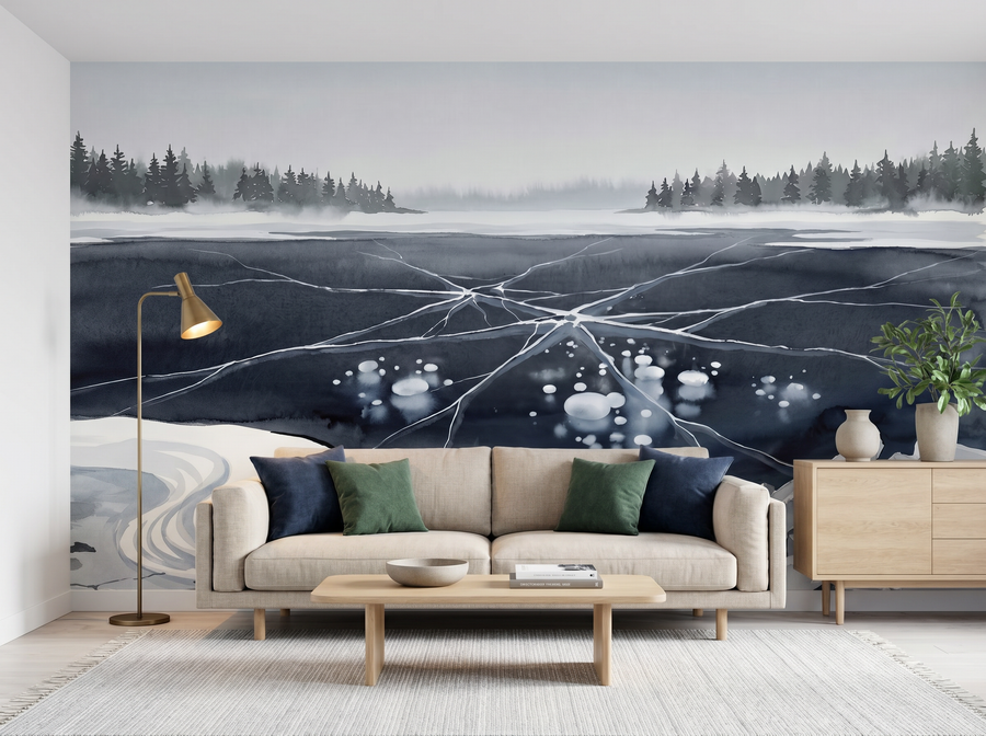 Frozen Lake Scandi scenic wallpaper mural on the feature wall of a Scandinavian living room, in a cool neutral palette — The Wall Shawl.