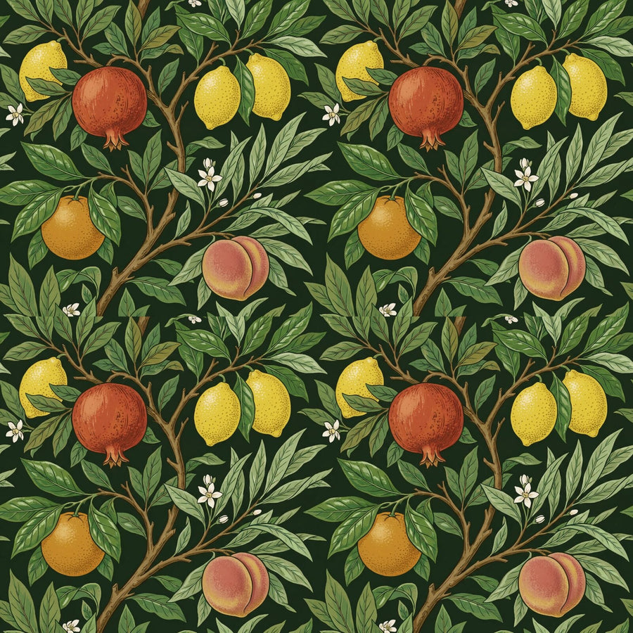 Step into a Victorian paradise with our Fruit Garden mural. Abundant pomegranates, lemons, and peaches on a deep green ground. Made to order.