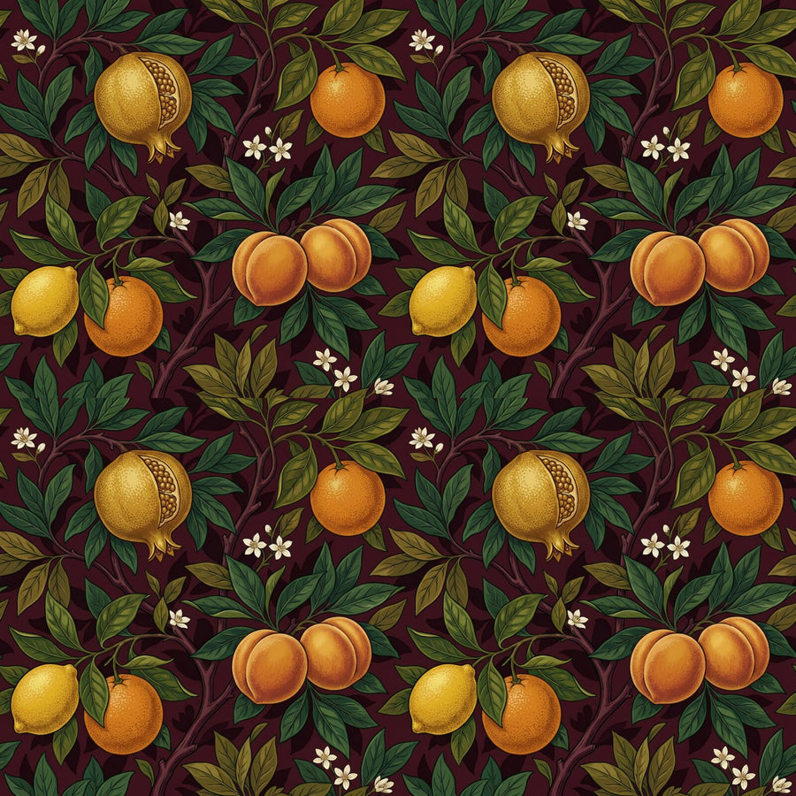 Opulent Fruit Garden Burgundy mural wallpaper with golden fruit and deep wine-red ground. Made to order.