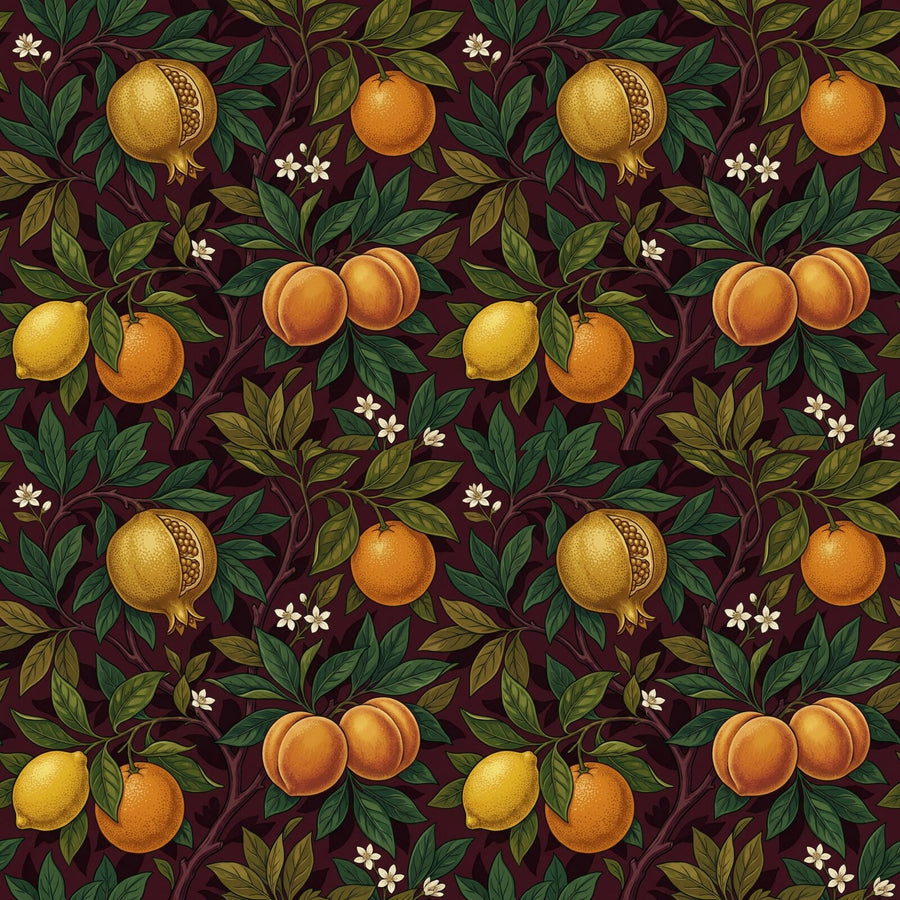 Opulent Fruit Garden Burgundy mural wallpaper with golden fruit and deep wine-red ground. Made to order.