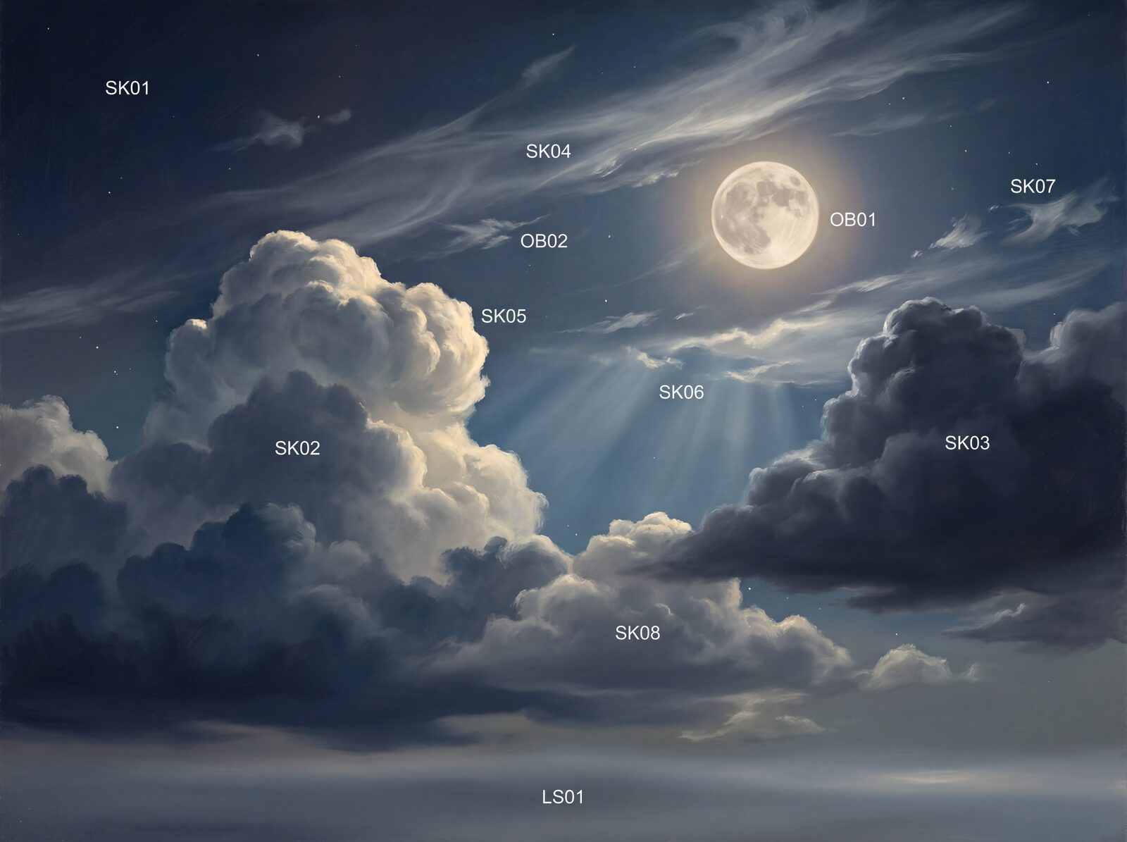 Dramatic scenic mural with Moon Silver, Cloud Bright, and Midnight Blue hues. Made to order.