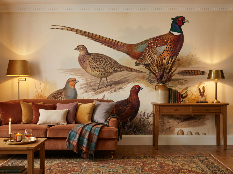 Game Birds scenic wallpaper mural on the feature wall of an English-country entrance hall, in a rich red-and-burgundy palette — The Wall Shawl.