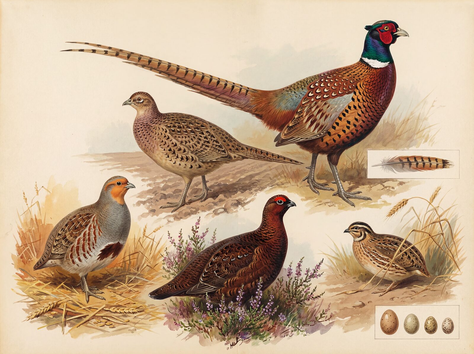A magnificent plate of game birds in profile, showcasing the rich, earthy tones of the British countryside. Made to order.