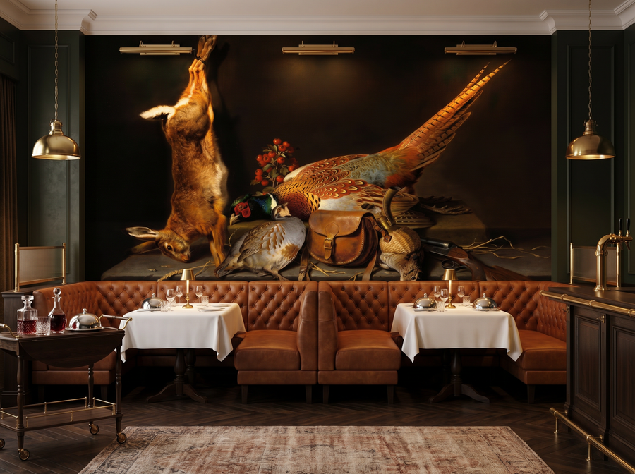 Game Piece scenic wallpaper mural on the feature wall of an English-country dining room_e57779d6 5f41 4047 9136 81063322768e, in a moody black-and-charcoal palette — The Wall Shawl.