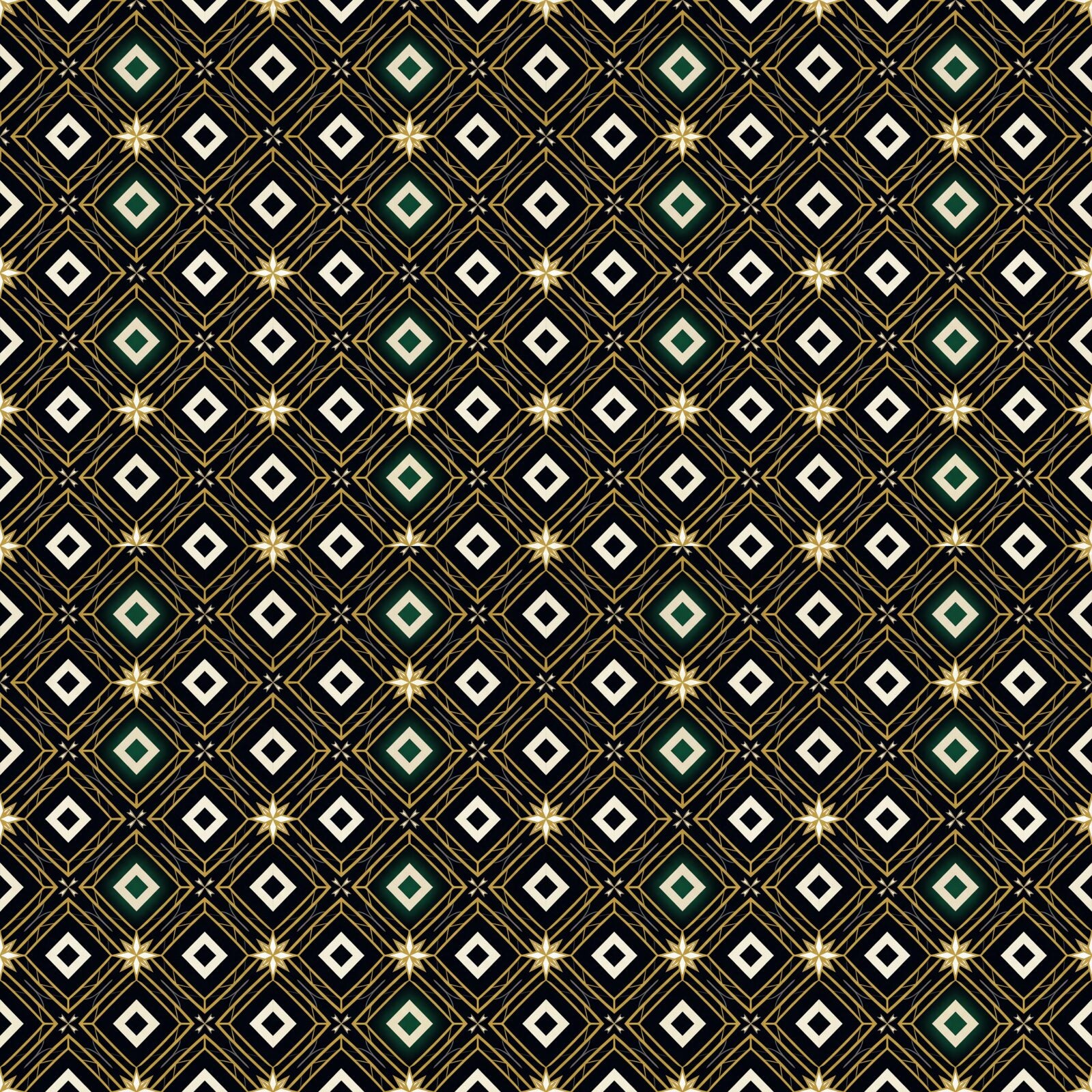 Heritage diamond pattern with black, gold, and emerald hues. Made to order.
