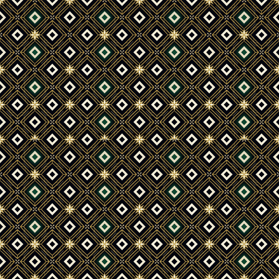 Heritage diamond pattern with black, gold, and emerald hues. Made to order.