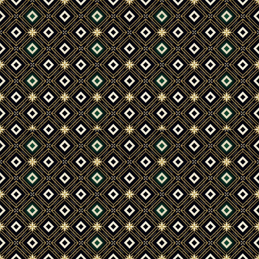 Heritage diamond pattern with black, gold, and emerald hues. Made to order.