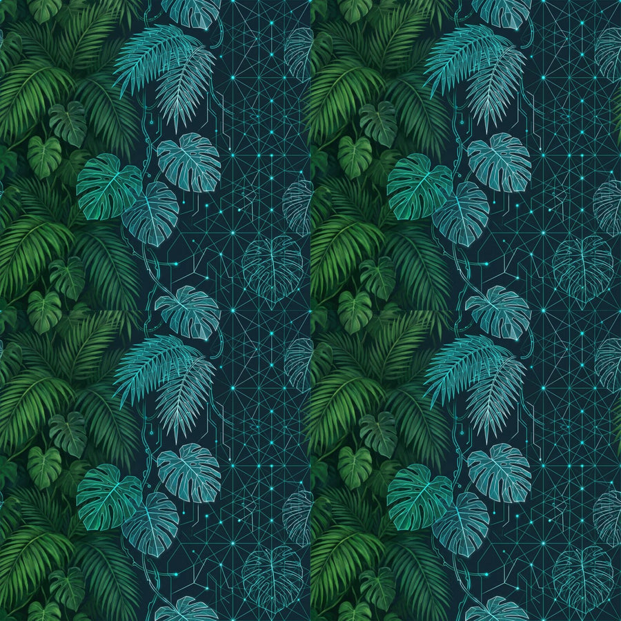 Immerse yourself in a futuristic-organic jungle where nature meets technology. Featuring deep greens, cyan, and white. Made to order.