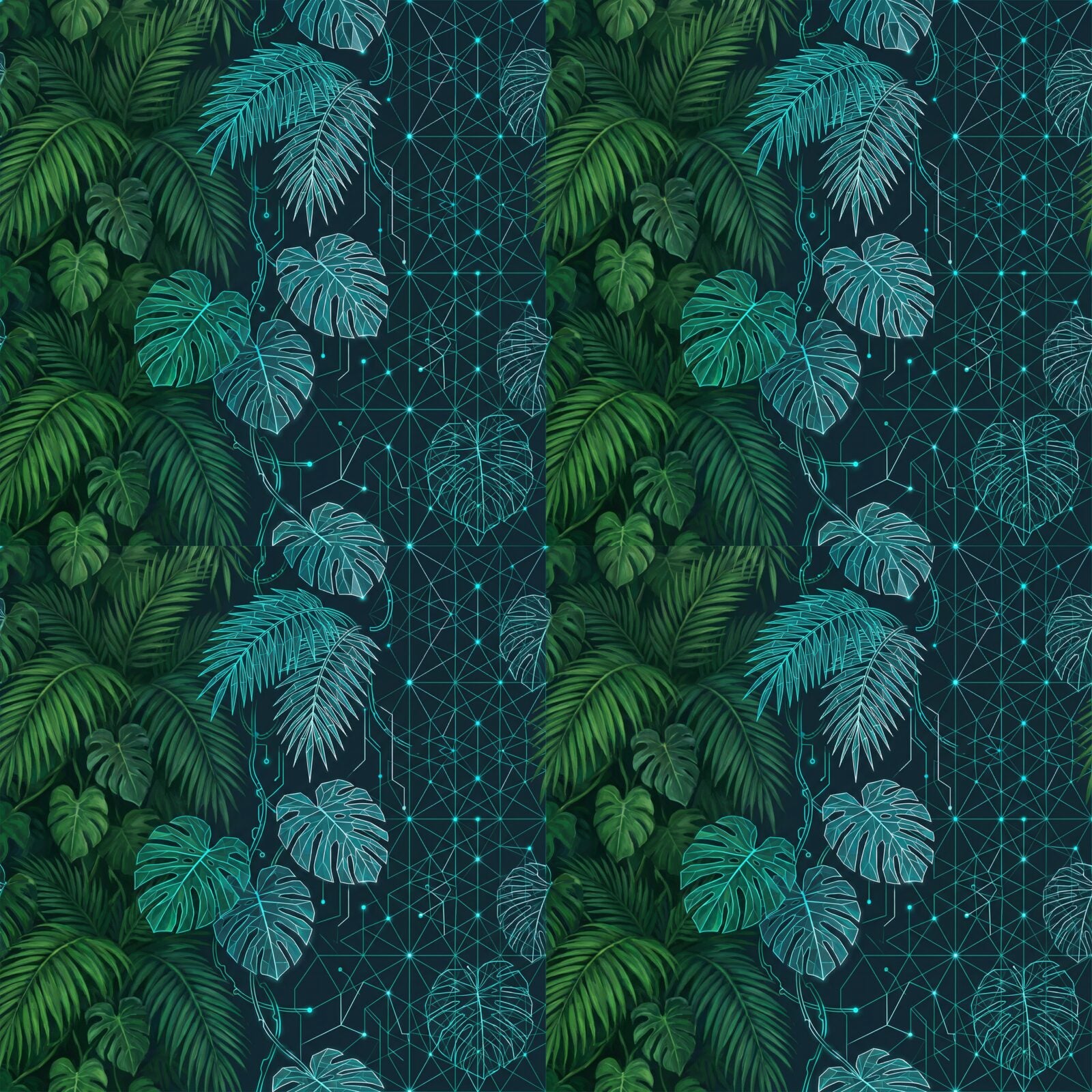 Immerse yourself in a futuristic-organic jungle where nature meets technology. Featuring deep greens, cyan, and white. Made to order.