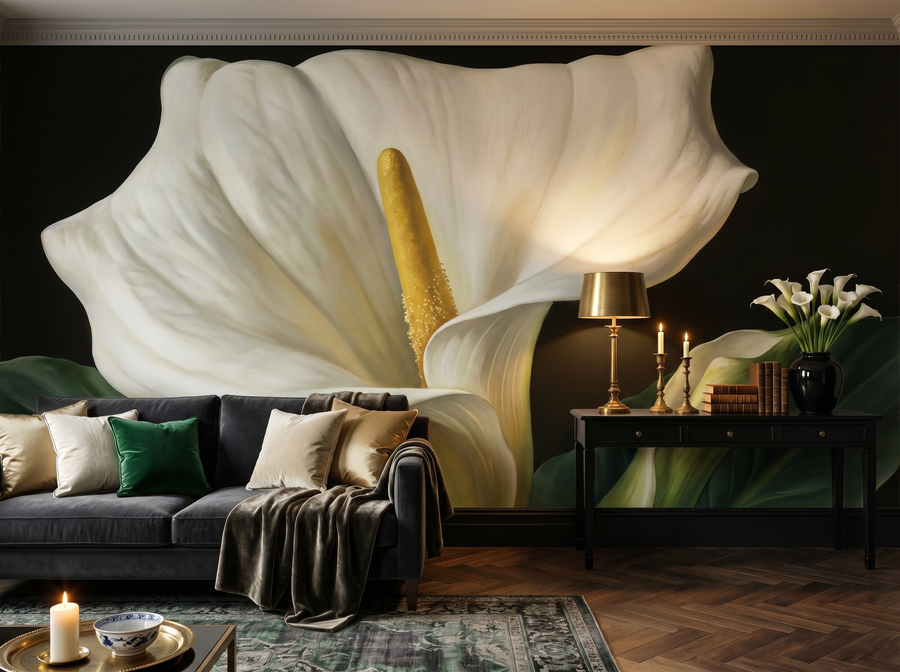 Giant Arum Lily scenic wallpaper mural on the feature wall of an English-country entrance hall, in a golden yellow-and-ochre palette — The Wall Shawl.