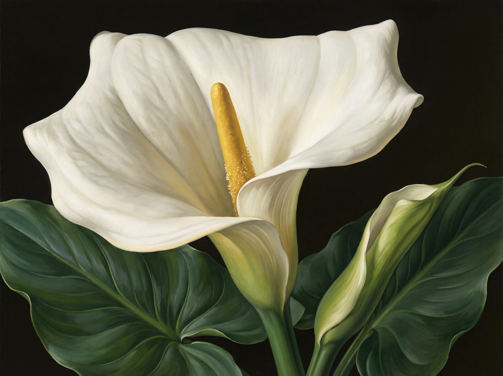 Experience the sculptural drama of the Giant Arum Lily mural wallpaper. Cream, gold, and deep green palette. Made to order.