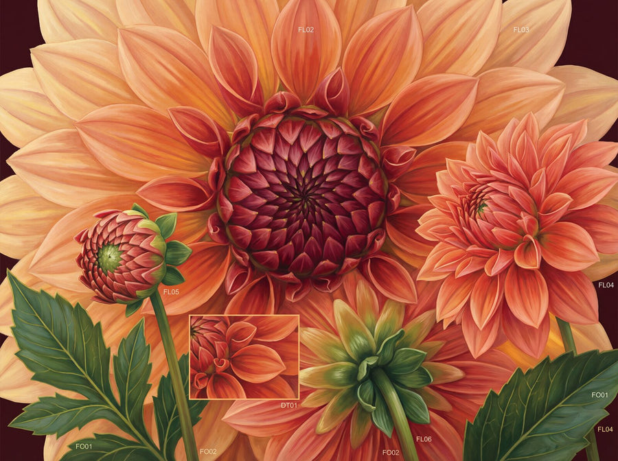 Experience the fiery beauty of a colossal dinner-plate dahlia. Rich burgundy, coral, flame orange, and apricot hues. Made to order.